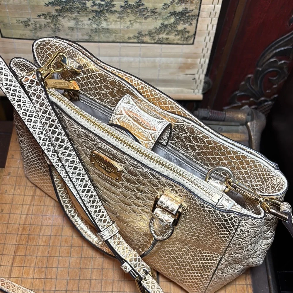 MICHAEL Michael Kors Metallic Gold Snakeskin Satchel w Dust Bag, Gold Tone Charm